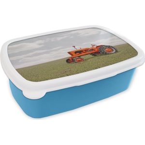 Broodtrommel Blauw - Lunchbox - Brooddoos - Tractor - Wielen - Vintage - 18x12x6 cm - Kinderen - Jongen