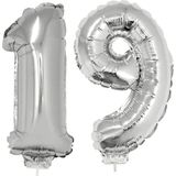 19 jaar leeftijd feestartikelen/versiering cijfers ballonnen op stokje van 41 cm - Combi van cijfer 19 in het zilver