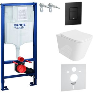 Inbouwreservoir Complete Toiletset Grohe Solido 39069000 - Inbouw WC Hangtoilet Wandcloset Maio Wit Hoogglans - Bedieningsplaat EVEN 3in1 Zwart - Voorwandelement - Installatiesysteem