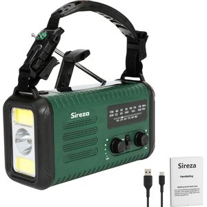Sireza® - noodradio - BLUETOOTH - Noodpakket - noodradio solar opwindbaar - powerbank zonneenergie (20.000mAH) - Draagbare FM/AM-radio - SOS Knop - NL HANDLEIDING – Ingebouwde Zaklamp & Ledlamp – kompas - Veiligheidsmesje - fluit - groen