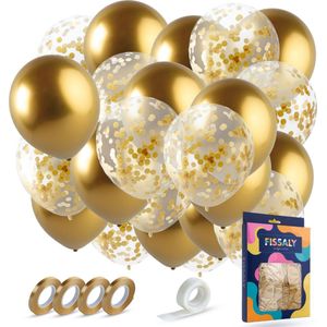 Fissaly 40 stuks Gouden & Confetti Goud Helium Ballonnen met Lint – Decoratie – Versiering - Papieren Confetti – Latex