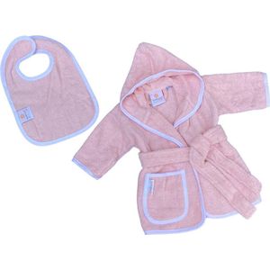 Babybadjas met capuchon – roze (blush) – baby badjas gender neutraal – baby badjas meisje – baby badjas jongen – kraamcadeau – 100% badstof katoen – incl. slabbetje - luxe baby badjas mét roomwitte bies - maat 1-2 jaar (92)