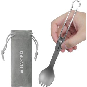Navaris opvouwbare spork meeneem bestek - Van titanium en RVS - 21,5 cm - Extra lang - Reisbestek voor kamperen - Vork en lepel in een - Met opbergtas