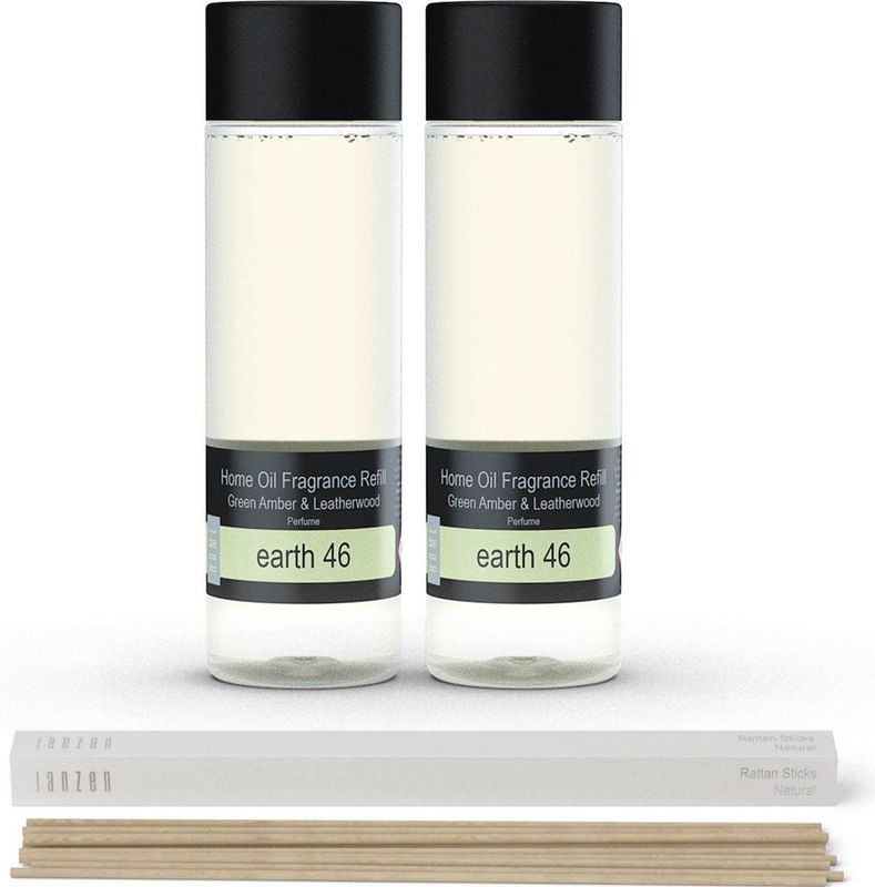 JANZEN Home Fragrance Refill - Earth 46 - Geurstokjes Navulling - Rijk en Kruidig - 2 x 200 ml incl. Gratis Sticks
