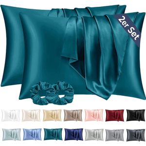 Set van 2 Satijnen Kussenslopen 50x70 cm – Petrol Blauwgroen, Zacht als Zijde, Voor Haar & Huid, Inclusief 2 Haarelastiekjes