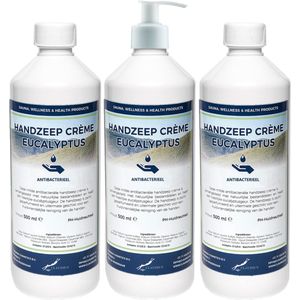 Handzeep Crème Eucalyptus 500 ml - set van 3 stuks - met gratis pomp - Voordeelverpakking