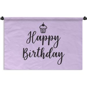 Wandkleed - Wanddoek - Cupcake met de quote ""happy birthday"" op een roze achtergrond - 60x40 cm - Wandtapijt