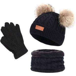Muts, sjaal en handschoenen - zwart - met twee grote pompons - kind - peuter - kleuter