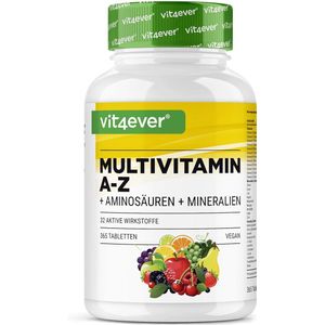 Multivitamine A-Z - 365 tabletten (12 maanden) - 32 actieve bestanddelen - Combinatie van mineralen + aminozuren + sporenelementen + plantenextracten - Veganistisch - Hoog gedoseerd – Vit4ever