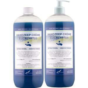 Handzeep Crème Eucalyptus 1 liter - set van 2 stuks - met gratis pomp - Voordeelverpakking