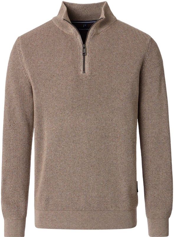 Casa Moda Heren trui met rits beige (Maat: M) - Effen - Halslijn: Opstaande kraag met rits,