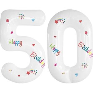 Folie Ballonnen Cijfers 50 Jaar Happy Birthday Verjaardag Versiering Cijferballon Folieballon Cijfer Ballonnen Wit 70 Cm