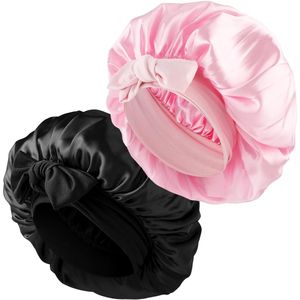 TRANKIELO® - Satijnen Slaapmutsen voor Vrouwen 2 stuks – Verstelbare Zijden Nachtkap – Zacht Elastische Band – Voor Krullend Haar – In Zwart en Roze