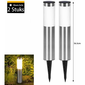 Meedeer Solar Tuinlamp-Tuinverlichting op zonne energie-Padverlichting-2Stuks Solar Tuinverlichting-Warm licht-Zonne verlichting voor buiten-buitenlamp-landschap stok lamp buiten-Gazon lamp Cilindrisch steek lichten zaklamp straatlantaarn(Zilver)