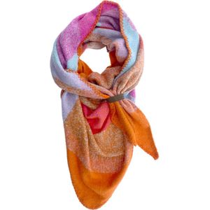 LOT83 Sjaal Nina Ruit - Vegan leren sluiting - Omslagdoek - Ronde sjaal - Oranje, Pink - 1 Size fits all