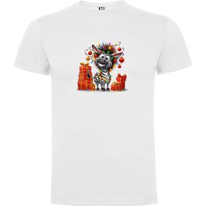Wit T-Shirt met “Zebra in Kerstsfeer - Kerst“ Print Full Color Maat S