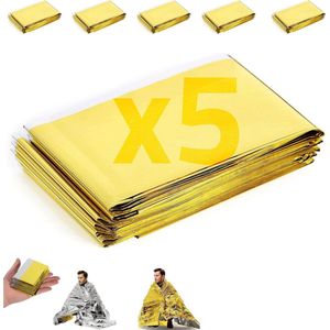 5X Nooddeken - Herbruikbaar - Extra Groot - 210 * 160 cm - Waterdicht - Mylar Survival Verwarmde Deken - Geschikt voor Kamperen, Wandelen, Eerste Hulp - Goud