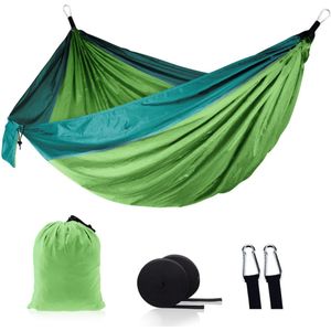 Dubbele nylon hangmat voor buiten, verbrede schommels voor binnen en buiten, kampeerbenodigdheden voor vrije tijd, 210T nylon strandhangmat, reishangmat voor wandelen, fruitgroen en donkergroen
