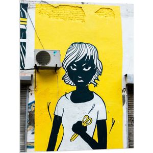 PVC Schuimplaat - Graffiti op Muur van Vrouw met Gele Schaar - 75x100 cm Foto op PVC Schuimplaat (Met Ophangsysteem)