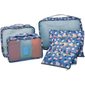 Koffertassen | Bloemen | 6 stuks | Blauw | Reistassen | Travel organizer | Packing cubes | Organizer voor koffer | Kamperen & reizen | Toilet bag | Make-up tasje | Organizer voor handbagage & reizen |