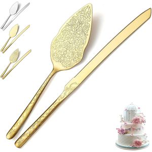 Taartsnijder Gouden Bruidstaartschep Titanium Goud Plating Uniek Patroon Ontwerp Roestvrij Stalen Taartschep Bruiloft Feest Verjaardag Vaatwasmachinebestendig