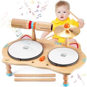 Kinder Drumset - Kinderdrumset, muziekinstrumenten, kinderspeeltafel, babyspeelgoed, muziek, drumstel voor peuters, houten speelgoed, baby, muziekspeelgoed, educatief speelgoed voor jongens en meisjes vanaf 3 jaar