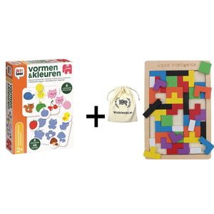 Ik leer Vormen en Kleuren met WoodyDoody Houten Tetris Spel Opbergtas Actie Set Voordeel Pakket