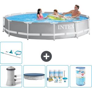 Intex Rond Prism Frame Zwembad - 366 x 76 cm - Grijs - Inclusief Pomp Afdekzeil - Onderhoudspakket - Filter - Schoonmaakset