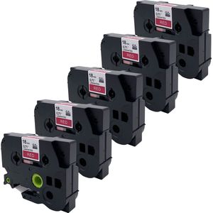 DULA Brother Compatible label tape- Tze-445 - 5 cassettes - Brother P-Touch - Wit op rood - 18mm x 8m