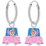 Oorbellen meisje | Zilveren kinderoorbellen | Zilveren oorringen met hanger, beer met sjaal in roze auto
