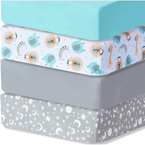 Hoeslaken, voor jongens en meisjes, set van 4, 60 x 120 cm, kinderbed, peutermatras, ademend microvezel, matraslaken voor babybedden, sterren/bosdieren, grijs/groen