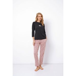 Warme dames pyjama Dionella-top met print-broek met hartjes-katoen & modal-donkergrijs/roze-maat S