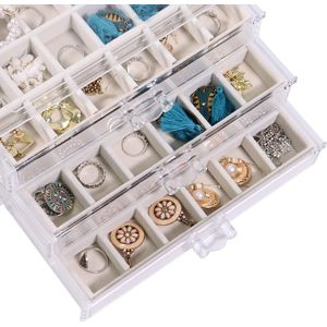 Acryl juwelendoosje sieradenkistje met 3 laden, oorbel opbergen, juwelenkistje, oorringen, sieraden, organizers, beige