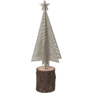 J-Line kerstboom - hout/metaal glitter/zilver/naturel - 2 stuks