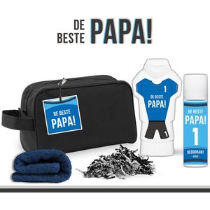 Geschenkset ""De beste papa"" - 4 Producten - 650 Gram | Toilettas - Giftset voor hem - Verjaardag Vader Vaderdag - Cadeautje Wellness man - Speciaal Bedankje allerbeste Topper - Sterkste Winnaar - Douchegel & Deodorant pakket - Nummer 1 - Donker blauw