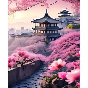 Schilderen op nummer Volwassenen - Japan met roze bloesem - 40 x 50 centimeter - Paint by numbers - Verven - Volwassenen - Cadeau voor man en vrouw