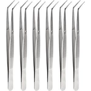 Multipurpose RVS Pincet Set van 6 stuks - 15,5 cm - Gebogen puntige Getanden Tip - voor koken, grillen, bakken en naaien