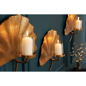 Decoratieve kandelaar GINKGO 44cm goud handgemaakt metalen theelichtje voor aan de muur - 41781