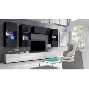 TV meubel - CALABRINI 5 - met LED verlichting - Hangmeubel - Wit + Zwart glans - 300 cm