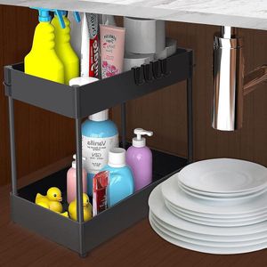 Rek voor Onder de Wastafel met 2 Etages en 6 Haken - Multifunctioneel Keukenrek Zwart Sink organizer