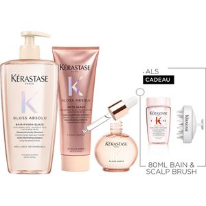 Kérastase Gloss Absolu Anti-Frizz Trio + 2 Cadeau's - Shampoo 500ml, Conditioner 250ml & Glaze Drops 45ml + Glaze Drops 15ml & Scalp Brush cadeau - Voor Lang Haar Gevoelig voor Pluis