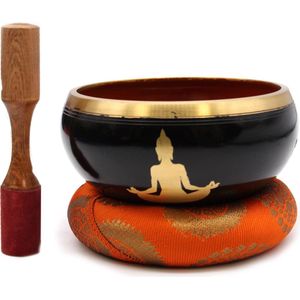 Grote Boeddha Klankschaal Set - Zwart Oranje - 14cm - Singing Bowl - Klank Schaal - Meditatie Schaal met Aanstrijkhout & Kussen