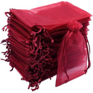 100 stuks wijnrode organzazakjes, 10 x 15 cm, zakjes van organza, cadeau voor bruiloft, snoepzakjes voor festivals en bruiloften, satijnen trekkoord