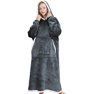 Lange Draagbare Hoodie Deken met Zakken - Pluizige Sherpa TV Deken voor Volwassenen - One Size Past Mannen en Vrouwen - Grijs