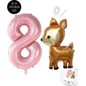 Snoes - Bambi Basis ballon set XXL Cijferballon Baby Pink 8 - Lief Hert + Cijfer Ballon 8 Jaar - Helium Geschikt