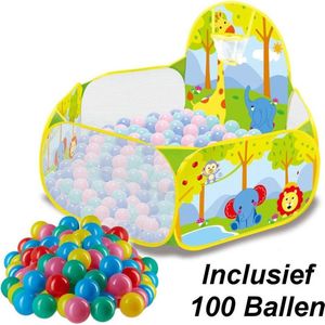 Decopatent® Ballenbak met Basketbal Net - MET 100 Ballen voor Ballenbak - Baby - Dieren print Ballenbad voor kinderen - Ballenbad