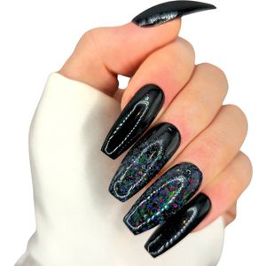 SD Press on Nails - No. 77 Black Magic - XL Ballerina Coffin Plaknagels - Handgemaakte Nepnagels - Zwart Glitter