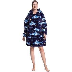 Haai fleece deken met mouwen en capuchon – fleece hoodie – fleece kleed met capuchon en mouwen �– maat XS t/m XL – TV plaid met mouwen - 90 cm - chillen – relax outfit - zwart - Badrock