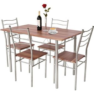 5-delige eettafelset, keukentafel met 4 stoelen, eetgroep met hoge rugleuning, zitgroep voor eetkamer, keuken, ruimtebesparend, zilver + walnoot