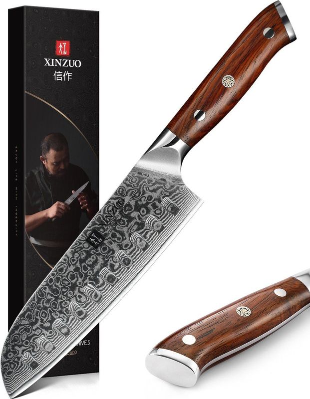 Xinzuo B13R Yu - Santokumes - 7 inch - Damascus Staal - Rozenhouten Handvat